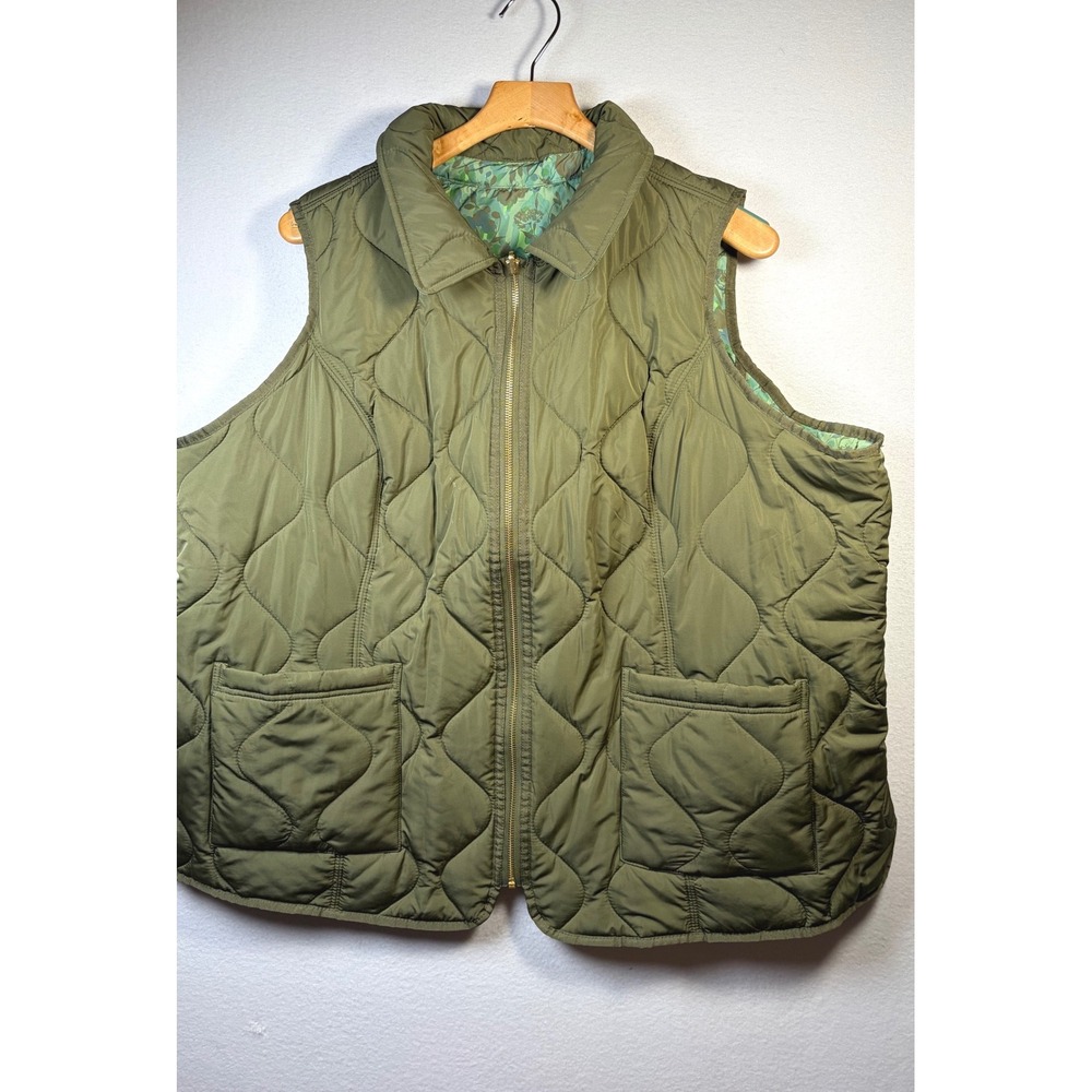 Isaac Mizrahi Quilted Vest Womens 3XL Olive Green Excellent Floral Lined Zip Up